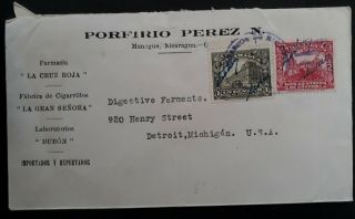 Rare C.  1924 Nicaragua Porfirio Perez Cover Ties 2 Stamps From Managua To Usa