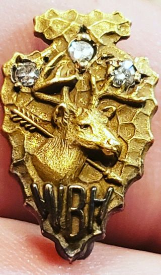 Rare Vintage 10 Kt Gold Top 3 Diamond Wisconsin Bow Hunters Arrowhead Elk Pin