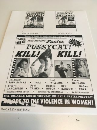 RARE 8.  5x11” Ad Slick: Russ Meyer FASTER,  PUSSYCAT KILL KILL sexy cult film 2