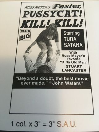 RARE 8.  5x11” Ad Slick: Russ Meyer FASTER,  PUSSYCAT KILL KILL sexy cult film 3