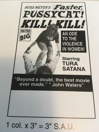 RARE 8.  5x11” Ad Slick: Russ Meyer FASTER,  PUSSYCAT KILL KILL sexy cult film 4