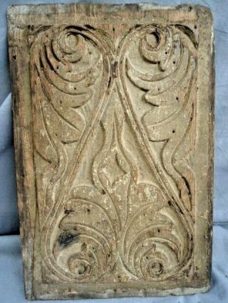 Rare 17th Century Oak Carved Large Leaves Coffer Panel Paint