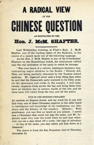 A Rare Broadside 1876 " A Radical View Of The Chinese Question " San Francisco