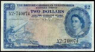 British Caribbean Territories 2 Dollars 1964 Pick 8c Queen Elizabeth Ii Rare