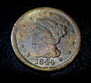 Rare Bu - Au Unc 1844 Large Cent Braided Hair Penny Type Coin Cartwheel Luster