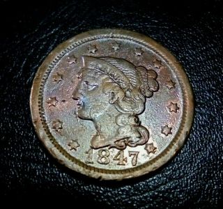 Rare Bu - Au Unc 1847 Large Cent Braided Hair Penny Type Coin Cartwheel Luster