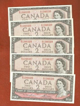 5 Very Rare 1954 Consecutive Serial Number Two Dollar Bank Notes Gems E736