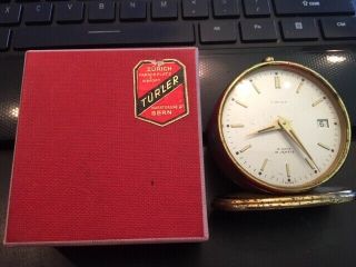 Rare Vtg Swiss Turler 8 Day 15 Jewel Travel Clock,  Brass And Red Enamel
