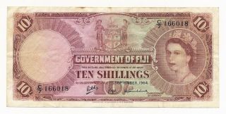 Fiji 10 Shillings Note 1964 Qeii Rare Crisp Fine