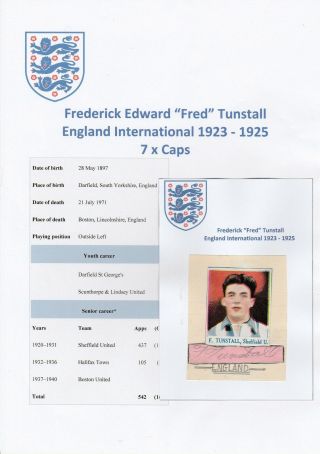 Fred Tunstall England Int 1923 - 1925 Rare Hand Signed Cutting/card