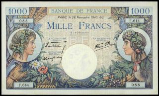 France 1000 Francs Commerce Et Industrie 1940 Vf,  /axf Rare Note No Pin Holes