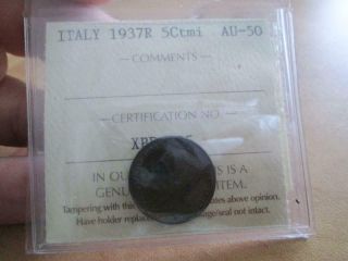 Italy 5 Centesimi 1937 R Pro - Graded Iccs Au - 50 Rare Key Date Y154