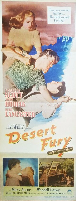Desert Fury (1947) Burt Lancaster & Lizabeth Scott Noir Rare Orig 14x36 Insert