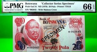 Money Botswana 20 Pula 1979 Spcimen Pmg Gem Unc Pick 5acs1 Rare Value $720