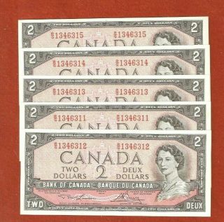 Rare 5 1954 Consecutive Serial Number Two Dollar Bank Notes Uncirculated E497