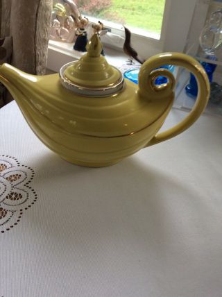 Rare Whimsical Hall Pottery Yellow & Gold Aladdin Genie Lamp Teapot W Infuser.