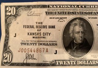 1929 Series Rare $20.  00 Bill Currency Bank Note The Federal Reserve Kansas City