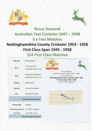 Bruce Dooland Australian Test Cricketer 1947 - 1948 Rare Autograph