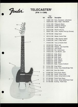 Rare Factory Fender 11 - 1300 Telecaster Guitar Dealer Sheets Parts Price List,