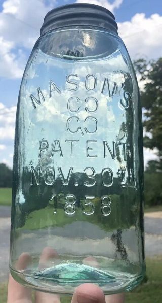 Rare Green Masons Patent 1858 Ccgc Half Gallon Fruit Jar Early