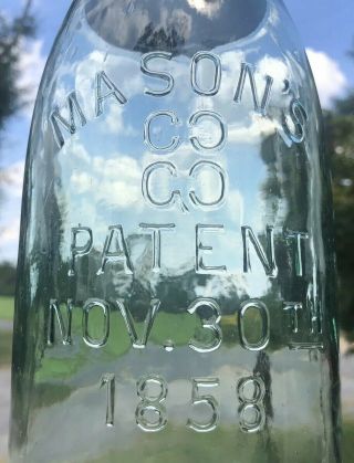 Rare Green Masons Patent 1858 CCGC Half Gallon Fruit Jar Early 2