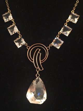 Exquisite Rare Art Deco 15ct Yellow Gold Natural Rock Crystal Lavalier Necklace