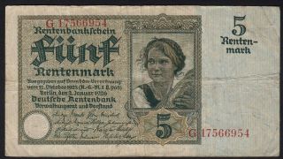 1926 5 Rentenmark Germany Rare Old Vintage Paper Money Banknote Currency P 169 F