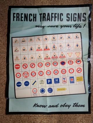 Vintage Ww2 Large French Roadsign Wall Poster Rare Us Army Wwii Usareur