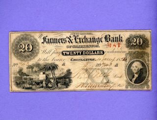 1861 $20 The Farmers & Exchange Bank Of Charleston Sc Rare Higher Grade Note