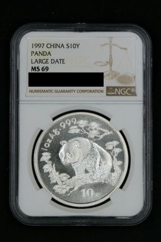 1997 - China - 1 Oz - Silver - Panda - Ngc Ms69 - Large Date - Ultra Rare