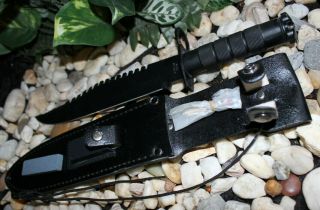 Rare Vintage Large 15 " Survival Knife Rambo Double Saw Back Stone & Sheath