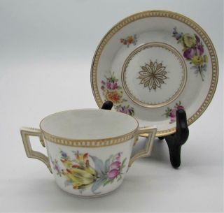 Antique 19thc Dresden Porcelain Twin Handle Cup & Saucer Hand Painted - Rare Mark