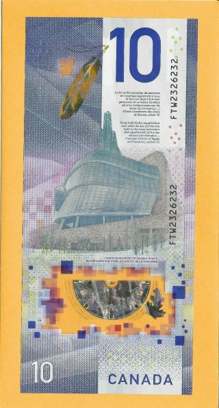 2018 Radar Note Canadian 10 Dollar Bill Ftw2326232 Rare (circulated)