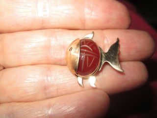 Rare Vintage W.  R.  E.  Gold Filled Carved Carnelain Scarab Fish Pin
