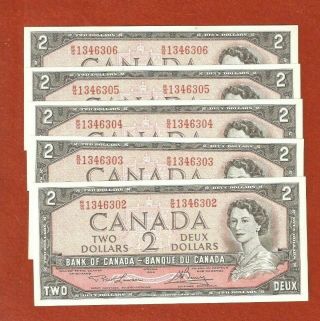Rare 5 1954 Consecutive Serial Number Two Dollar Bank Notes Gemuncirculated E489