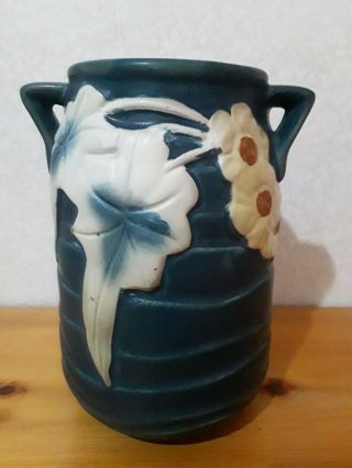 Vintage Roseville Pottery 816 - 6 Dark Blue Luffa 2 Handled Urn Vase Rare Colors