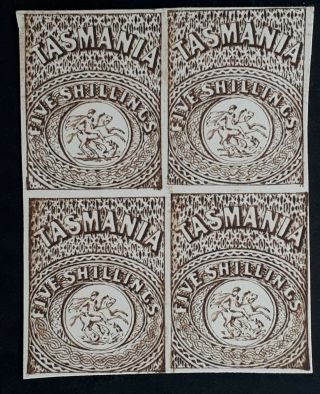 Rare 1889 - Tasmania Australia Blk 4 X 5/ - Brown St George &dragon Stamps Reprint