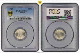 1943 Malaya 10 Cents Pcgs Ms65 Only 3 Graded Higher Very Rare In This
