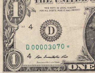 2013 D Series $1 One Dollar Bill Fancy Low Serial Trinary 6 Kind Star Rare Note