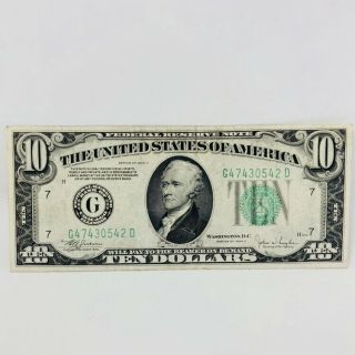 1934 - C $10 Federal Reserve Notes “g 47430542 D” $10 Dollar Bill - Rare