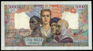 France 5000 Francs Empire Francais 1946 Vf,  Large Size Banknote Rare&