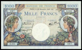 France 1000 Francs Commerce Et Industrie 1940 Xf,  Rare Note No Pin Holes