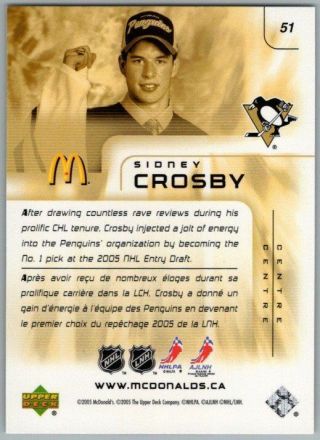 2005 - 06 MCDONALD ' S UPPER DECK SIDNEY CROSBY Rookie RC Card 51 Rare Penguins BV 2