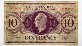1941 French Equatorial Africa 10 Francs Banknote,  Marianne,  Pick 11a,  Rare