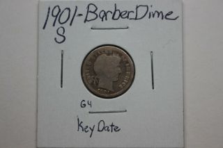 1901 - S Barber Silver Dime A Rare Key Date Coin