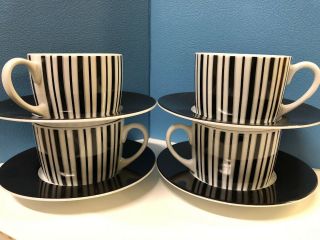Set Of 4 Konitz Cup & Saucer Set Made In Germany Black And White Stripes Rare