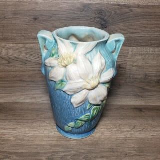 Roseville Pottery Vase Clematis 105 - 7 Blue Floral Matte Background Rare