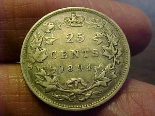 1894 Canada 25 Cent High Vf - Xf Great Old Rare Canada Quarter Coin