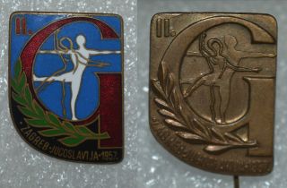 2nd World Gymnaestrada Zagreb 1957 Yugoslavia Vtg 2 Pin Badges Enamel Rare