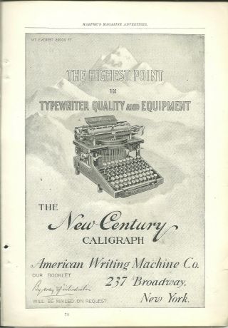 Century Caligraph Typewriter Ad 1898 Mt Everest American Rare